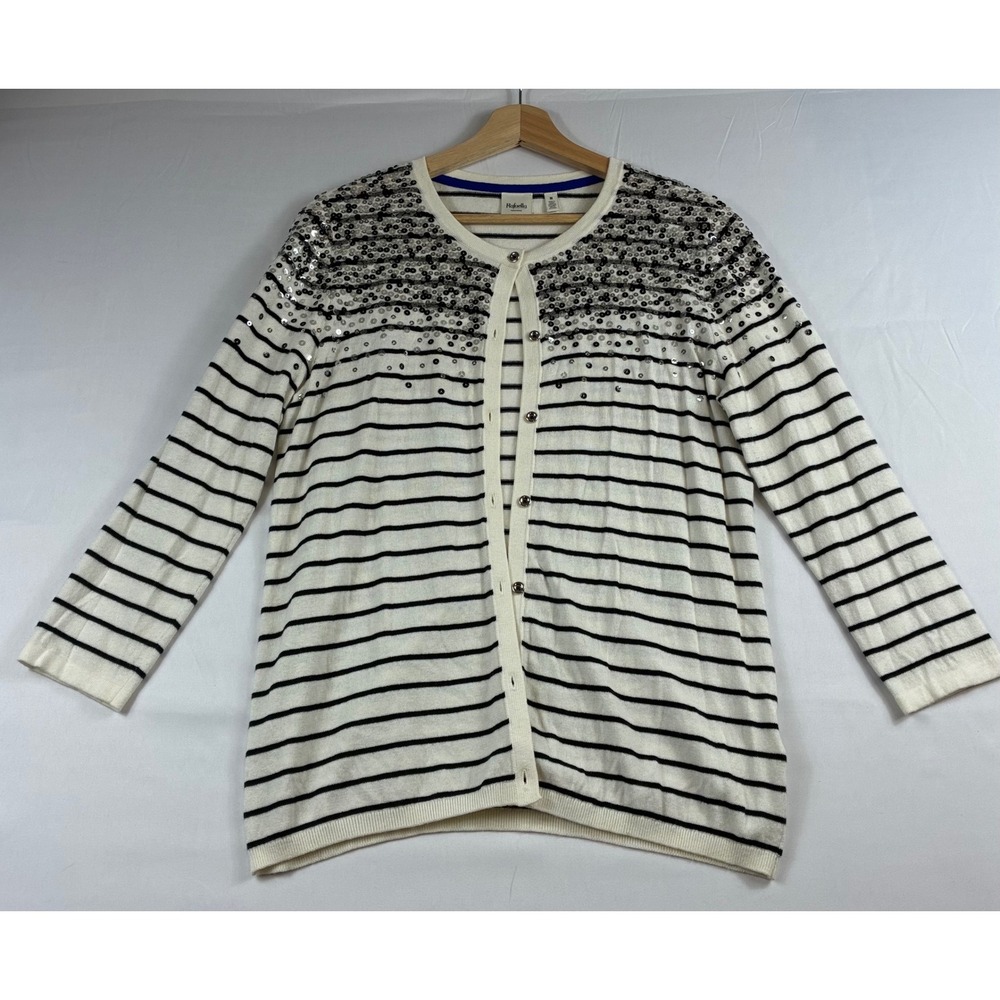 Rafaella Weekend Cardigan Women Medium White Black Striped Sequin Button Sweater